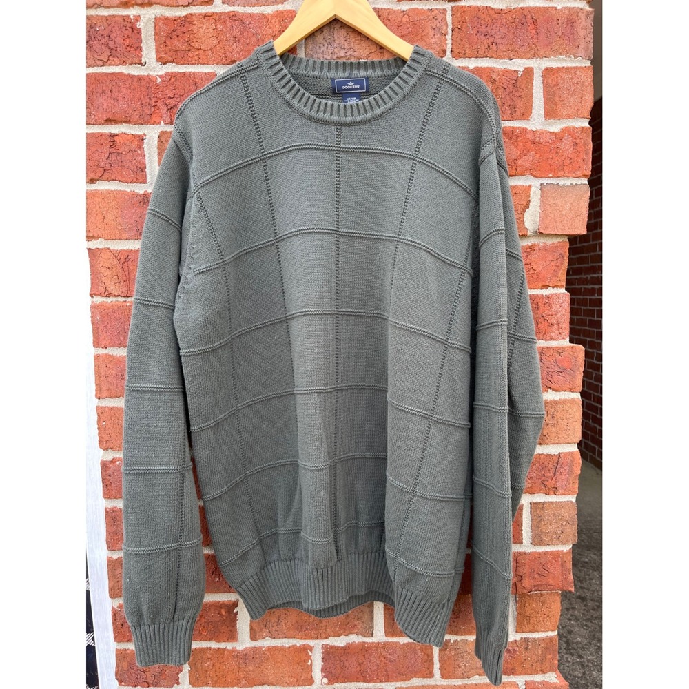 Dockers Mens XLT Green Textured Grid Crewneck Cotton Knit Sweater Long Sleeve